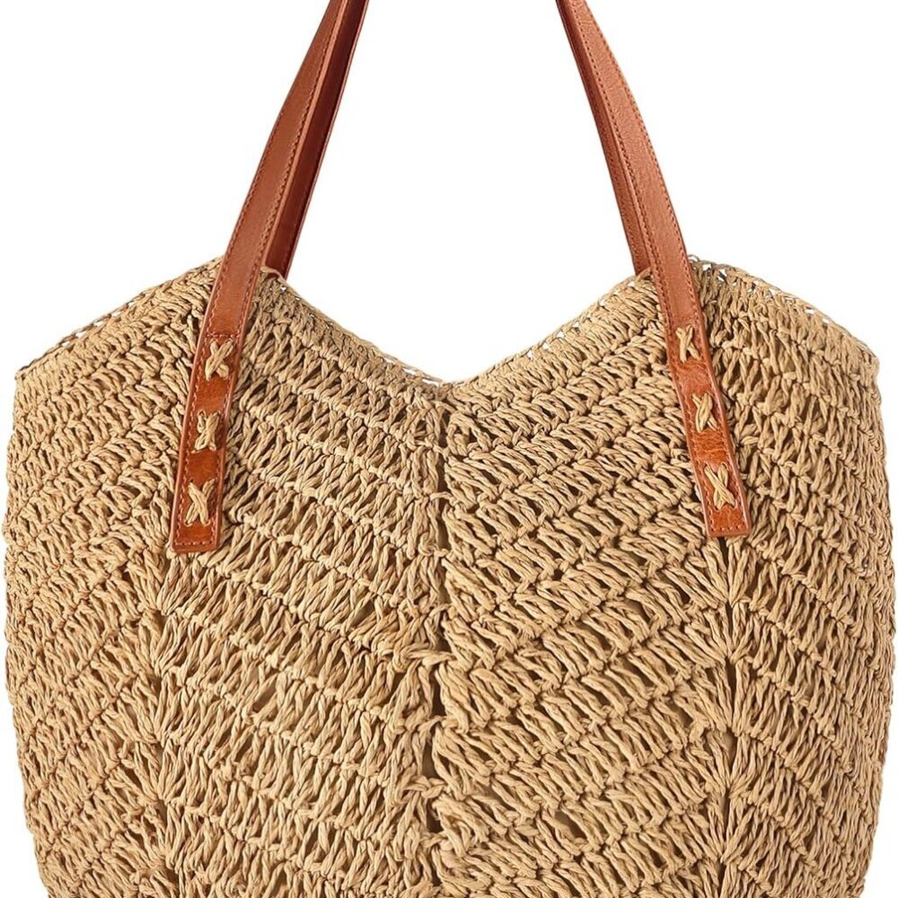 Beach Bags for Women - Straw Bag with Zipper, Soft Woven beach bag, Casual Straw - Picture 1 of 7